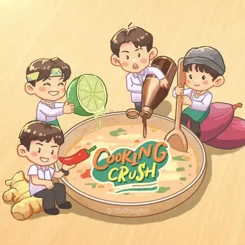 cooking-crush-the-series-2023-hinh-anh-13 Fanart chibi Cooking Crush với bốn nhân vật chính quây quanh nồi tom yum khổng lồ