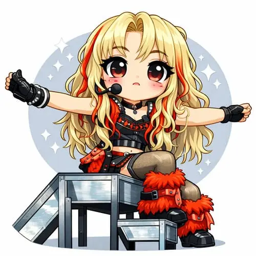 anh-maiquinn-chibi-2 Ảnh MaiQuinn chibi ngồi trên bục sân khấu, tóc vàng pha đỏ và outfit biểu diễn